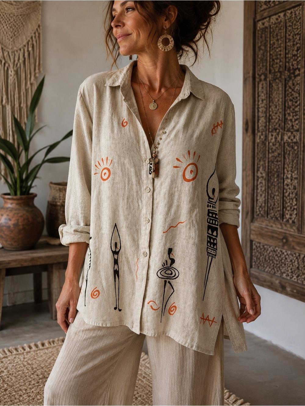 Vintage Shermarke Linen Blend Abstract Art Shirt 2X Shoulder Pads Old Money
